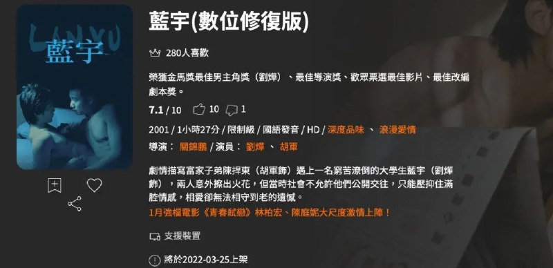 #影讯 数位修复的蓝光碟要4月22日才正式发行，但台湾地区流媒体会在本周五（3月25日）提前上线，大家可以先睹为快